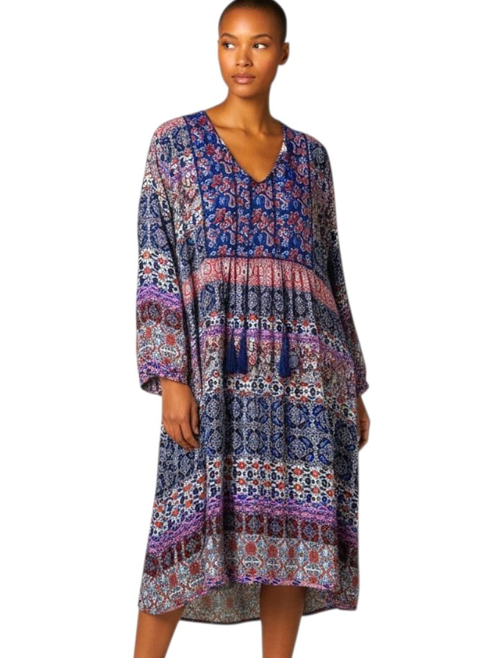 Coline Boho/Hippie/Gypsy Tunic Dress V-neck Tassels Paisley Red Blue Viscose XXL